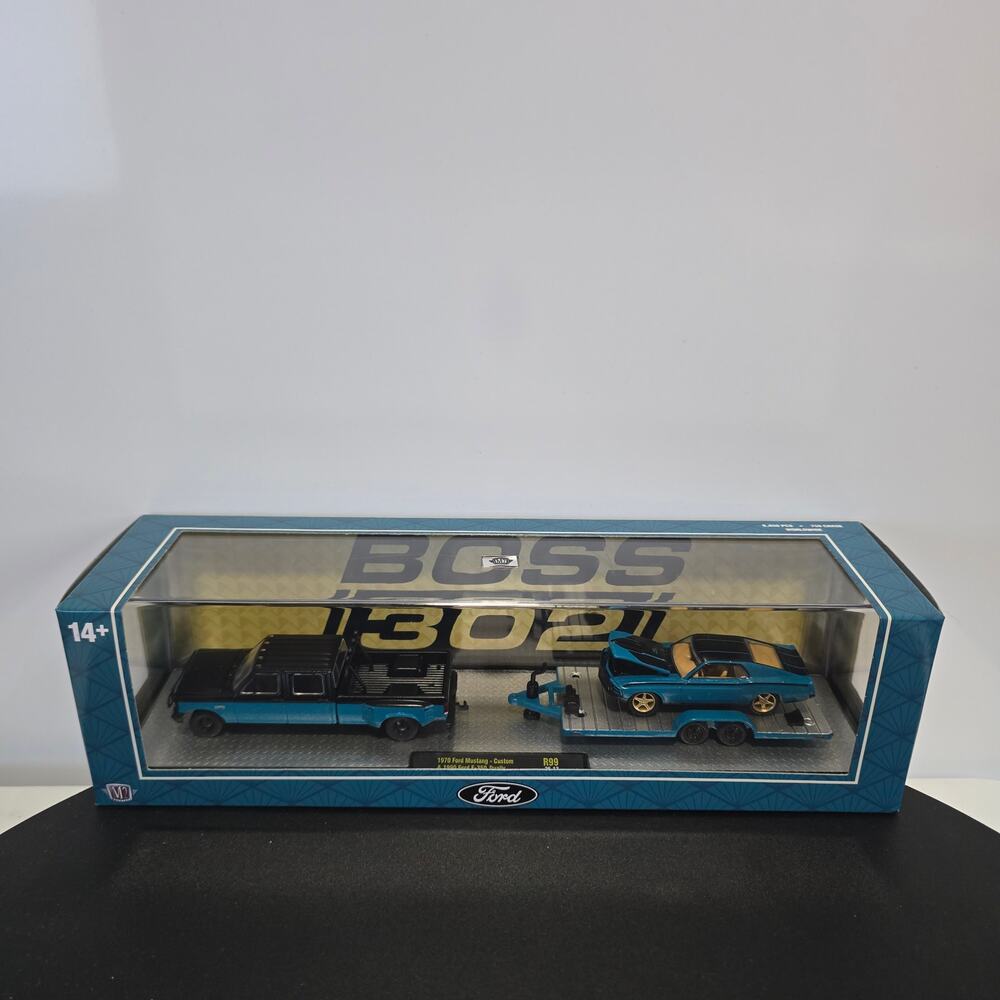 NEW M2 Machines Ford Hauler Blue 70 Mustang & 90 F-350 Dually Boss 302 R99 1:64